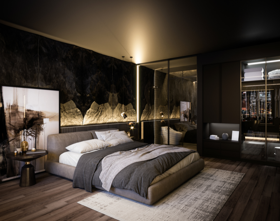 Elegant sofa set and TV unit styled in a cozy living room